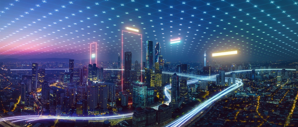 Metaverse Bitcoin Citadel futuristic metaverse city with neon lights and traffic with a night city skyline
