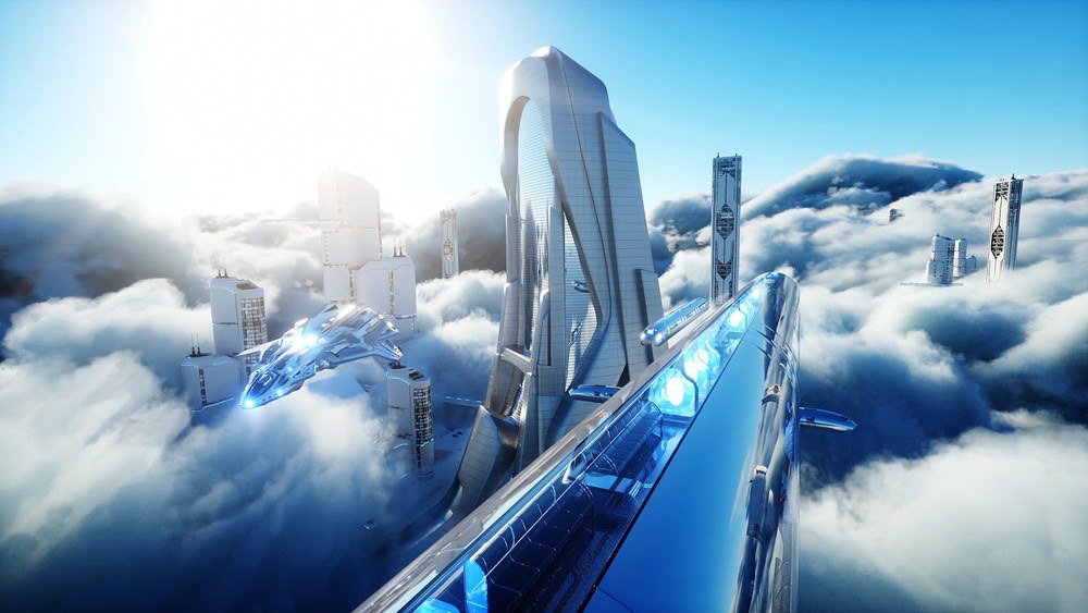 futuristic city with ihgh rise buildings in the cloud. City built on the bitcoin standard of money 