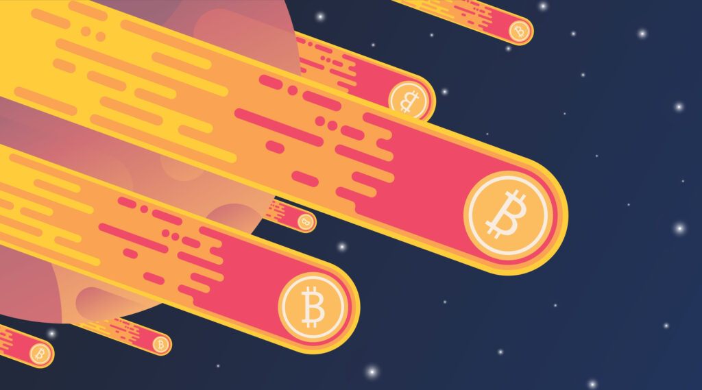 vector graphic of space with planet and meteors with bitcoin logo crashing on fire 