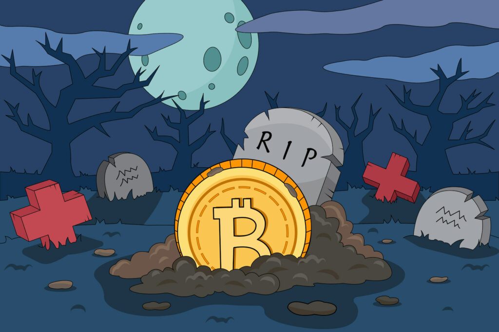 bitcoin in a pile of dirt with the gravestone RIP to show that bitcoin is dead 