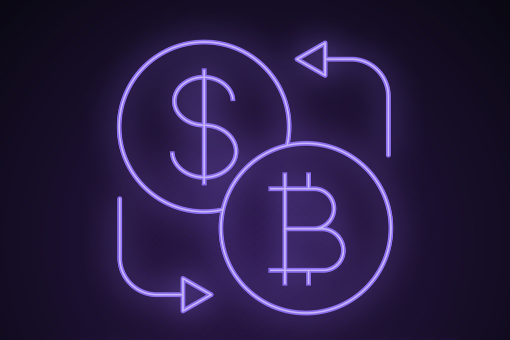 bitcoin-only exchanges. glowing purple neon sign with bitcoin logo and usd logo and exchange arrows 