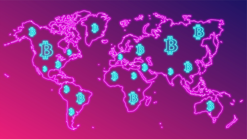 pink and blue map of bitcoin across the globe 