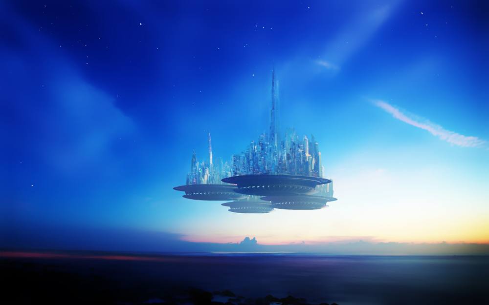 utopian city in the sky futuristic space landscape. bitcoin citadel 