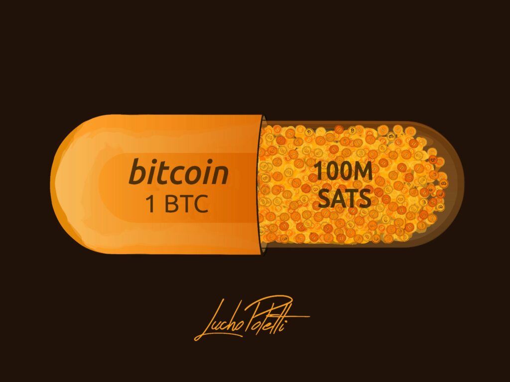 sats are the next bitcoin. 100m sats in 1 bitcoin. bitcoin orange pill concept art. 