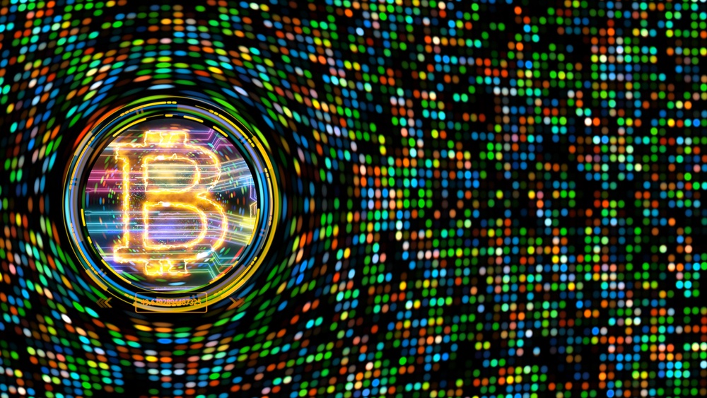 bitcoin emerging from digital colorful rainbow dots with quantum digital design 