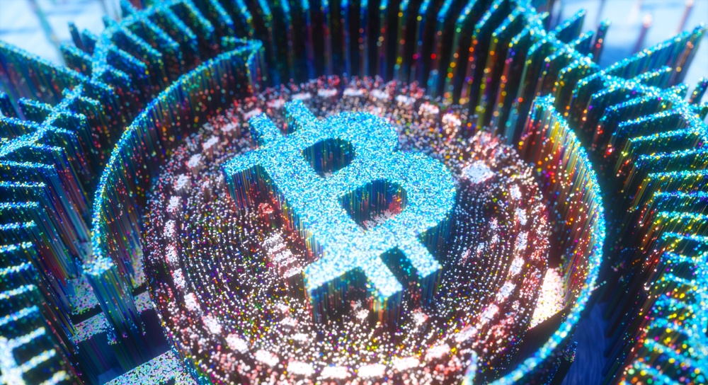 colorful dot art creating circular bitcoin logo 