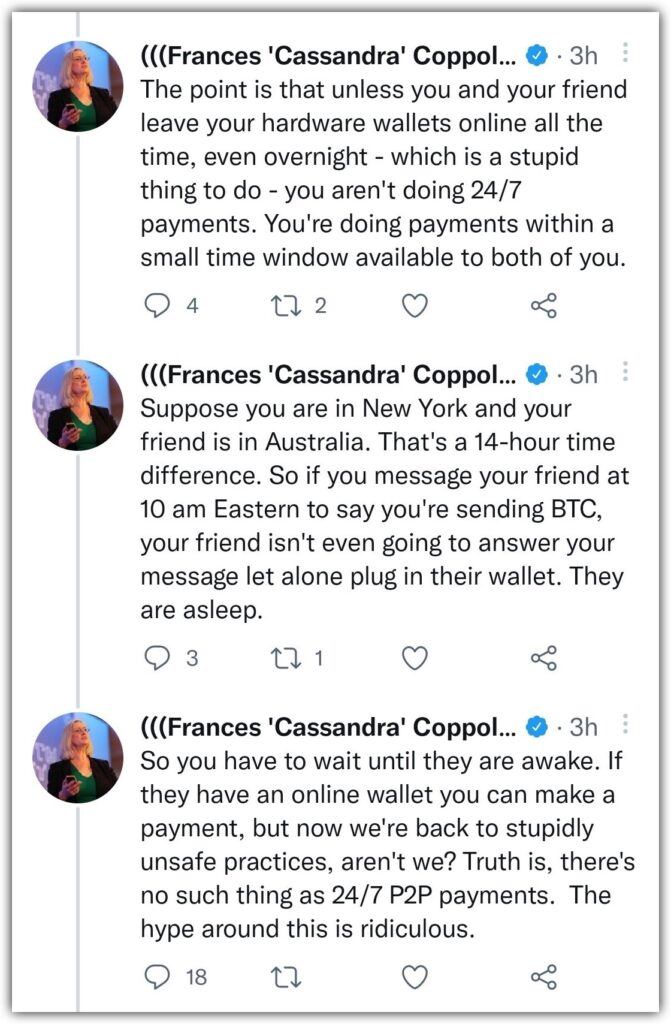 frances coppola tweets about bitcoin hardware wallets sending money offline 