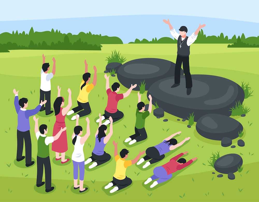 cartoon image of cult leader in suit standing on a rock with followers praying to him in nature 