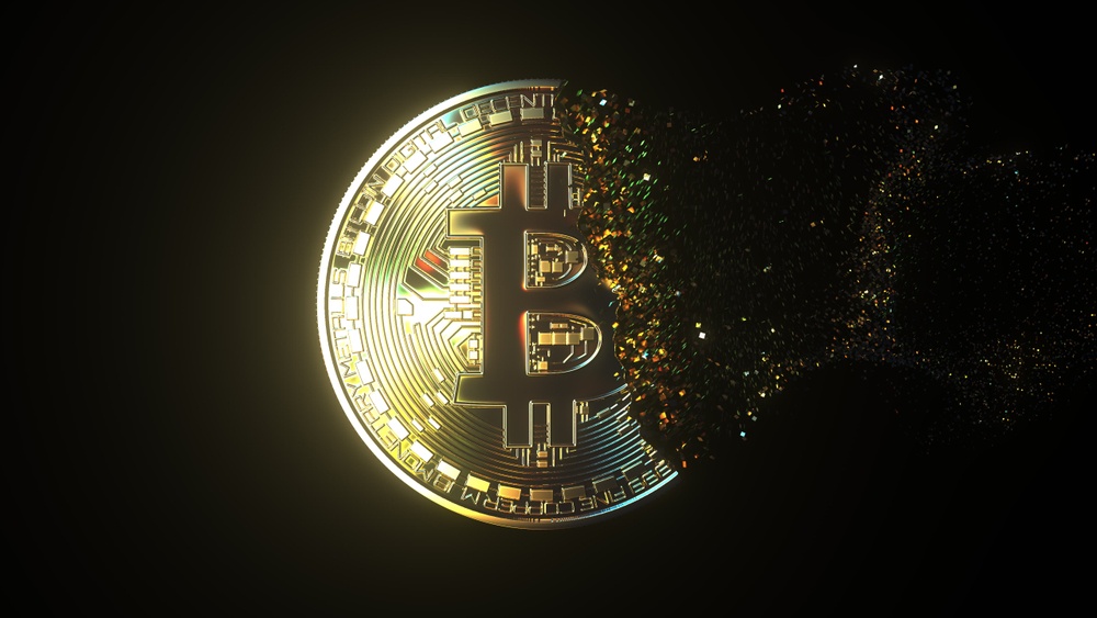 glowing gold bitcoin disappearing into shiny glittery dust 