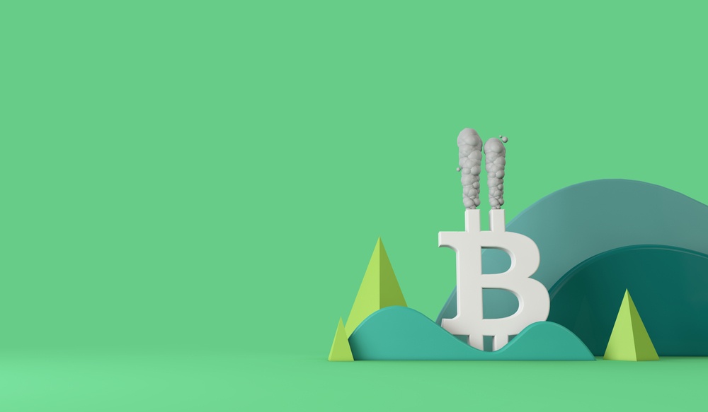 is bitcoin bad for the environment? bitcoin logo with smoke stack sitting in green mountains and trees 