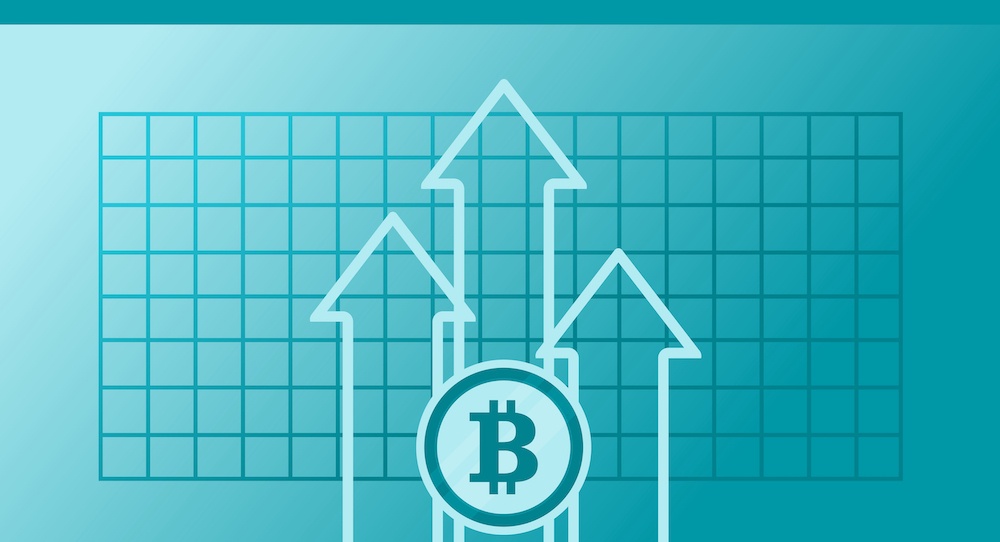 bitcoin logo and rising arrows on blueprint grid 