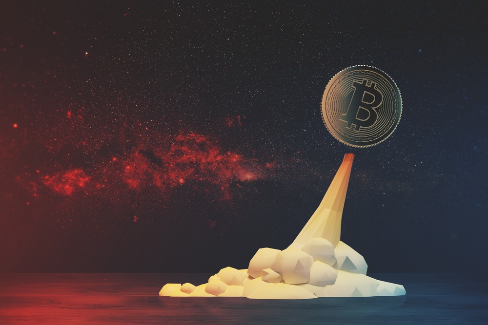 polygon art of bitcoin rocket ship taking off into red galaxy with stars 