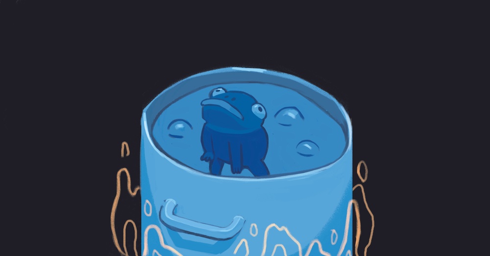 A black background with a cartoon image of a frog in a pot of boiling water 