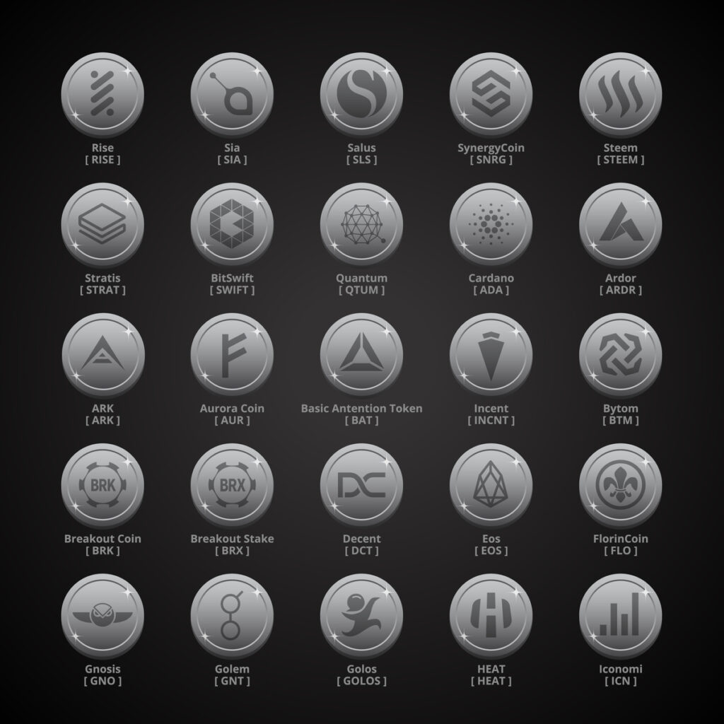 25 unique cryptocurrencies shown with logo on silver coin 