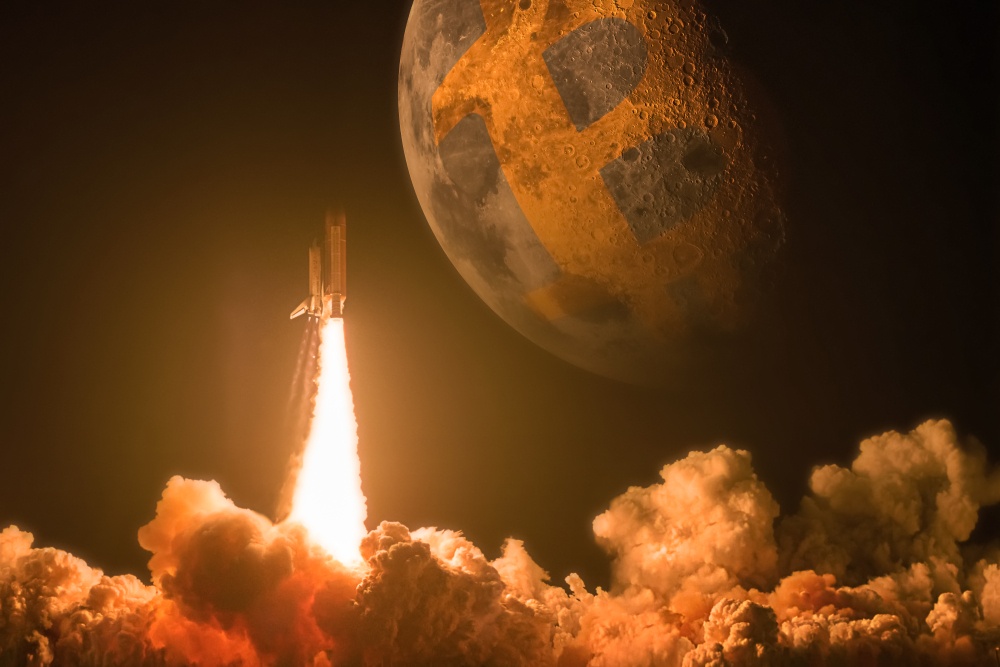 will bitcoin go up? far distance photo of rocket launch with smoke exhaust emphasis and bitcoin moon in background 