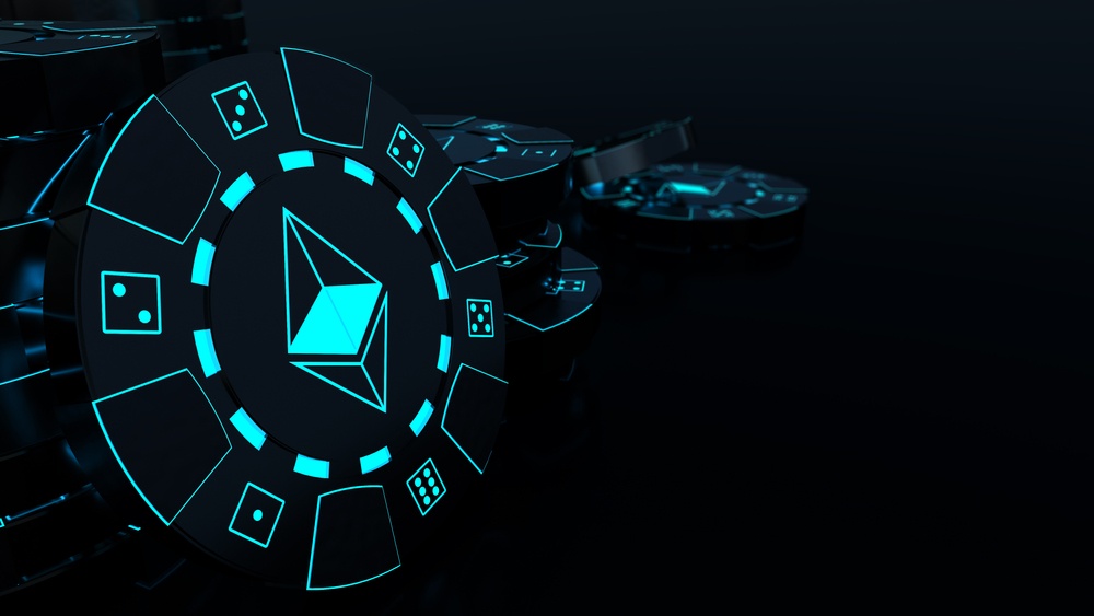 glowing blue ethereum chip at digital casino. shitcoin casino 