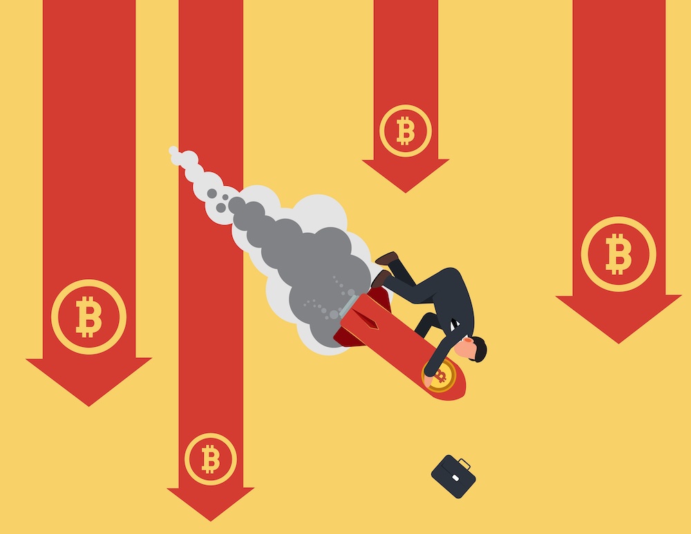 can you lose money in bitcoin? illustration of businessman riding rocket ship while bitcoin crashes 