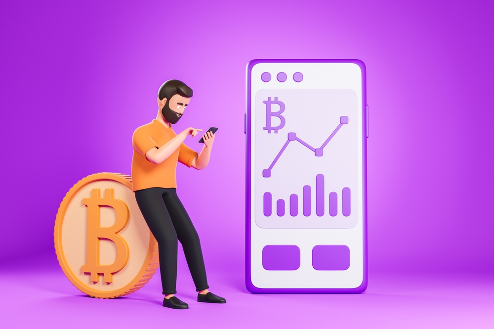 pixar style cartoon showing bearded man using bitcoin app sitting on bitcoin with purple background 