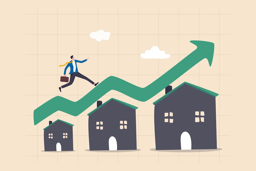 graphic showing man running over increasingly large houses and prices rising 