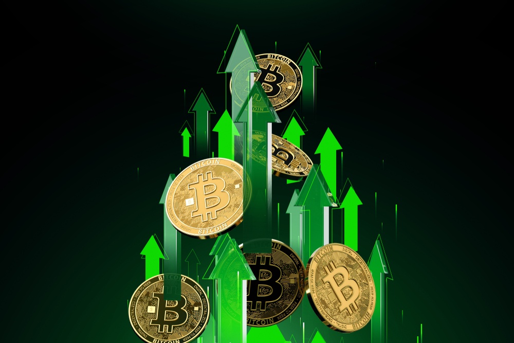 shiny gold bitcoins amidst rising green arrows. bitcoin price pumping 