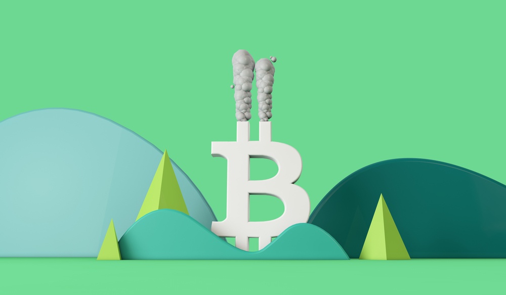 white bitcoin sign looks like a factory with smokestack on natural green backdrop, polluting the environment 