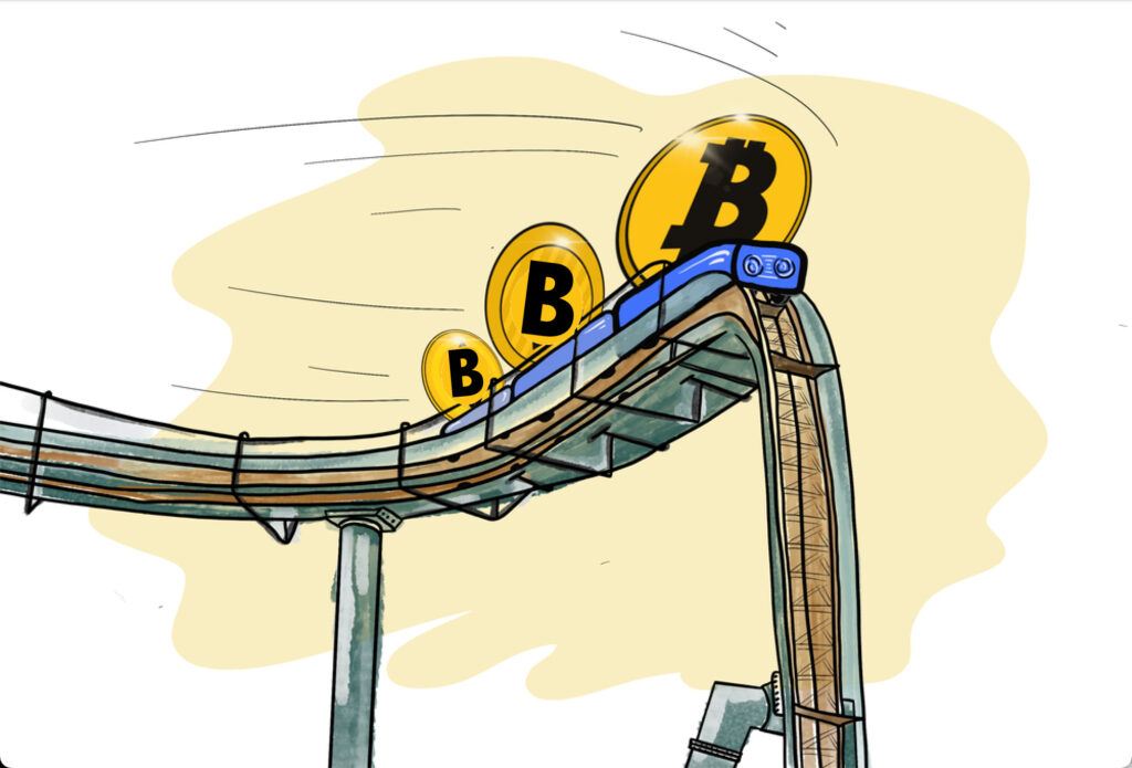 the idea of a bitcoin rollercoaster, with a cartoon of three bitcoins riding a rollercoaster that is about to go down a steep drop 