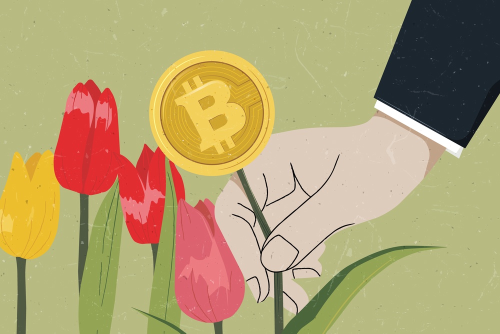 businessman picking bitcoin from bed of tulip flowers 