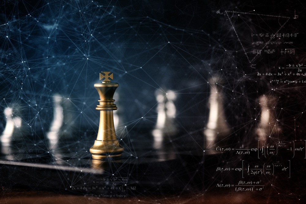 a conceptual image showing math equations, chess pieces on a board, and constellations  