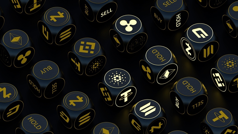 Futuristic glowing cryptocurrency dices set in a neat grid. 3D illustration of symbols of bitcoin ethereum binance tether solana ripple cardano zcash and dash. 