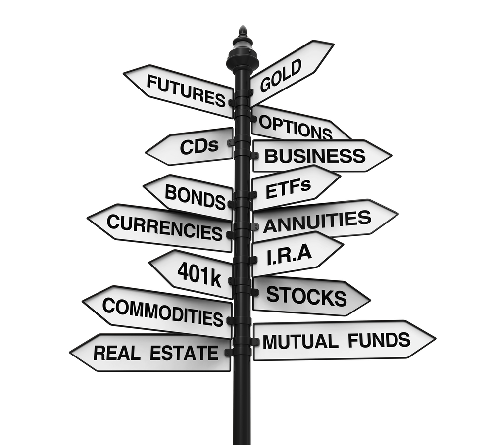 An illustration of a sign, showing all the possible things that can be done with money, including stocks, mutual funds, commodities, and bonds 