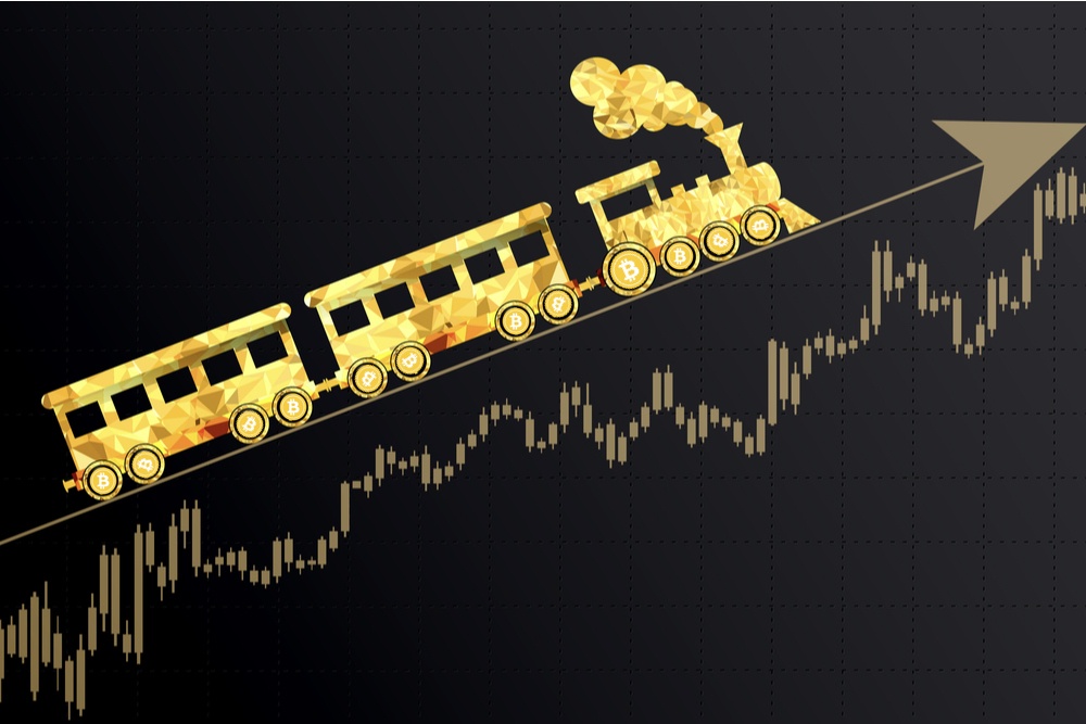 Bitcoin-train-moving-up-and-to-the-right-on-candle-chart An illustration of a price chart with an arrow and a bitcoin training moving up and to the right along the arrow