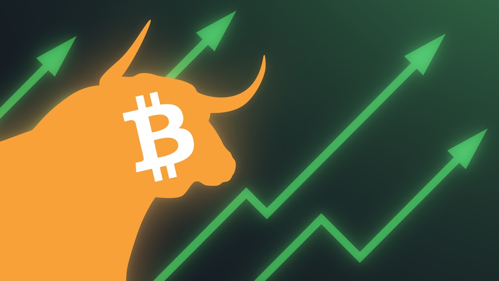 glowing orange bull with bitcoin logo and green arrows glowing shooting up 