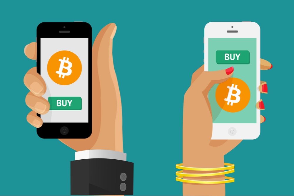 male and female hand with buy bitcoin apps on mobile smartphones. Should I buy bitcoin? Yes. 