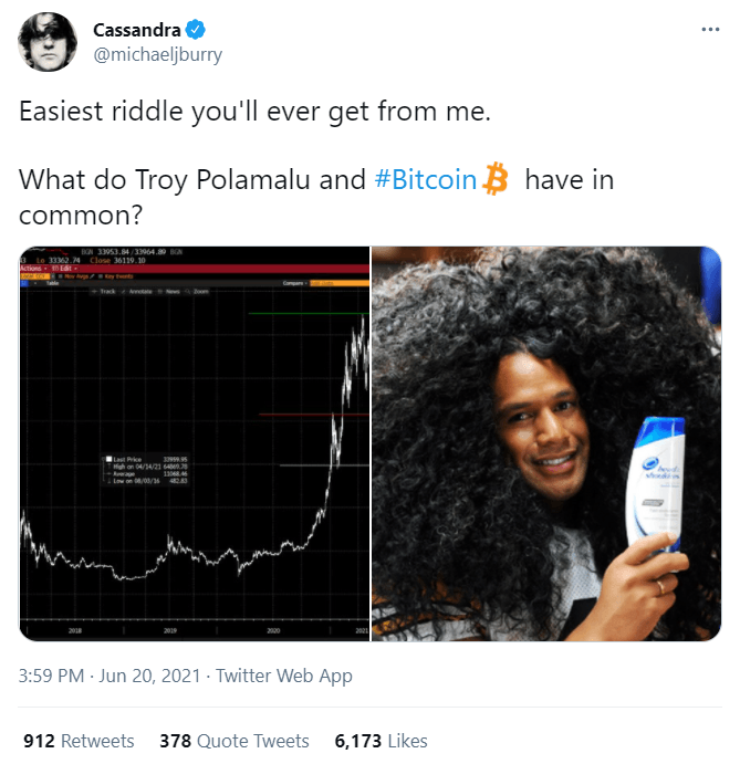 A screenshot highlighting Burry 's idea of a head and shoulders pattern in bitcoin. 