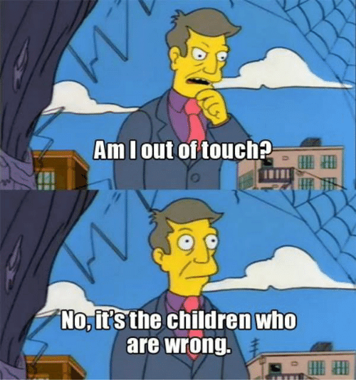 A meme from The Simpsons, where Principal Skinner is questioning whether he is out of touch or whether the children are wrong.  