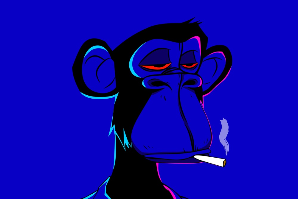 Blue colored ape smoking a cigarette with red eyes looking bored. Imitation of Bored Ape Yacht Club NFT 