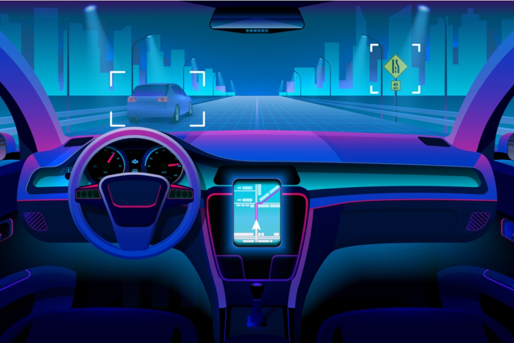 driverless autonomous vehicle concept with blue and purple accents 