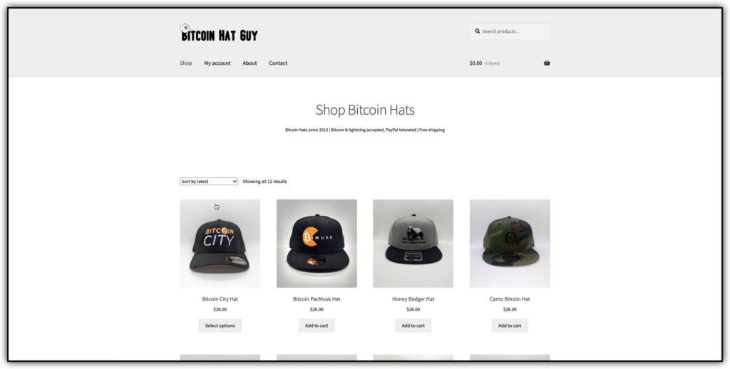 Bitcoin hat guy online shop storefront featuring different types of hats related to bitcoin 