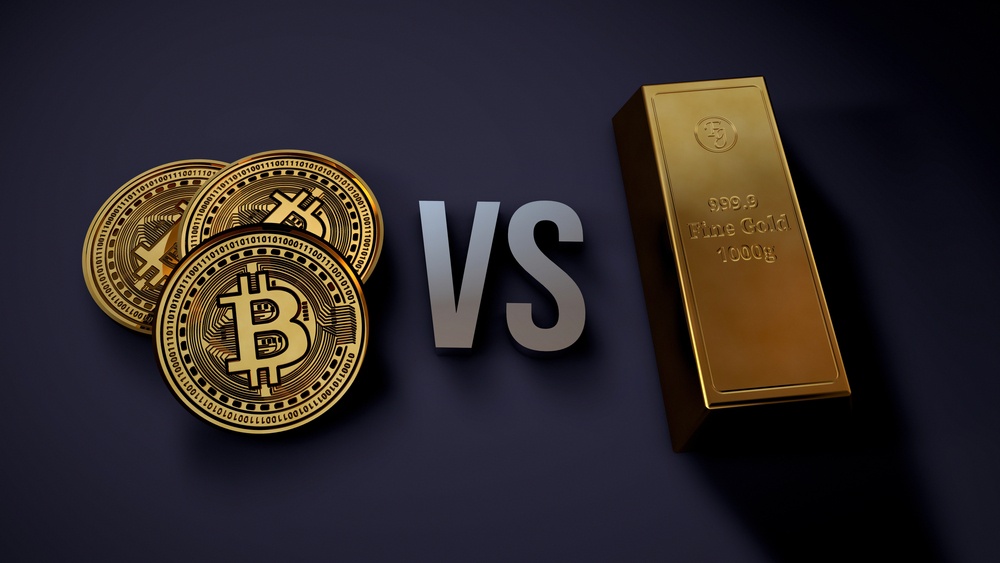 Bitcoin VS Gold 3d Render with physical bitcoins and gold bar 