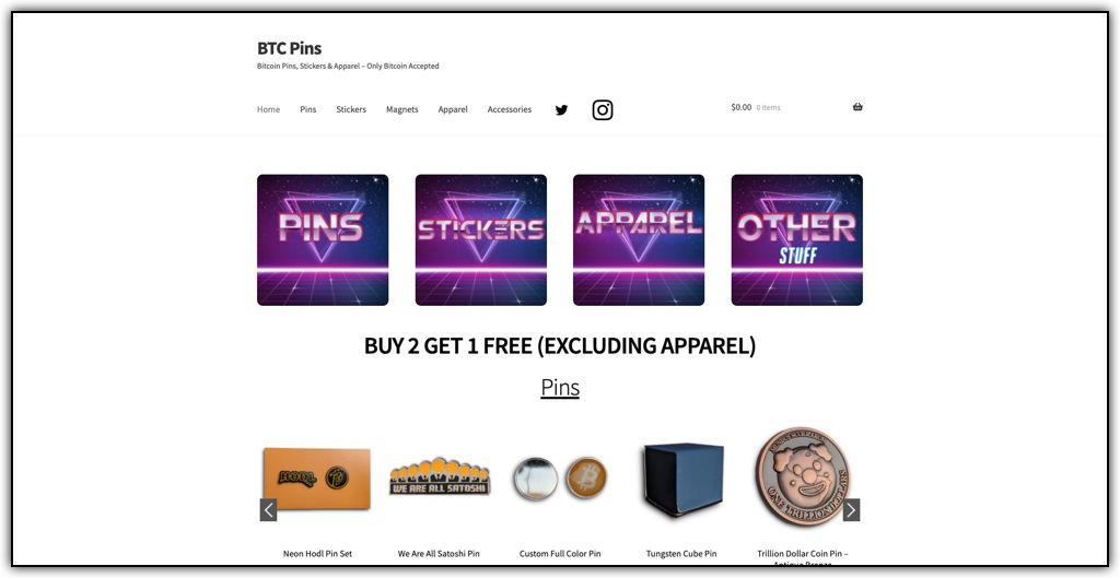 BTC Pins online store featuring bitcoin logo and bitcoin meme metal pins 