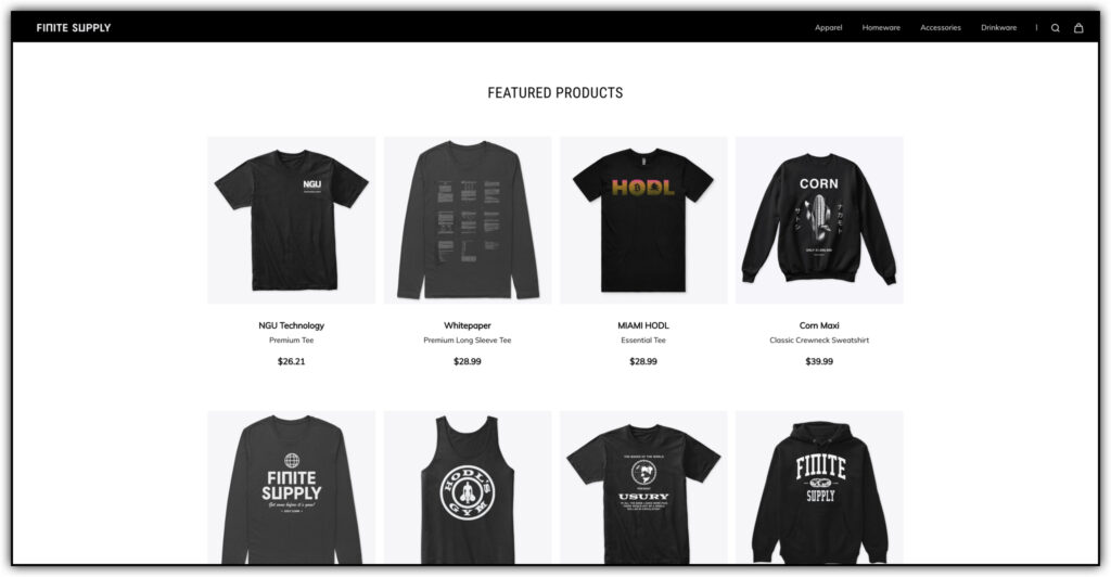 Finite Supply online shop storefront featuring Bitcoin meme and Bitcoin art apparel 