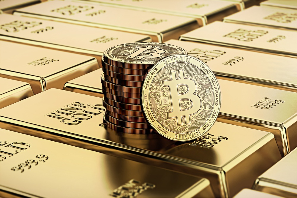 shiny gold bars with bitcoin stacked on top 