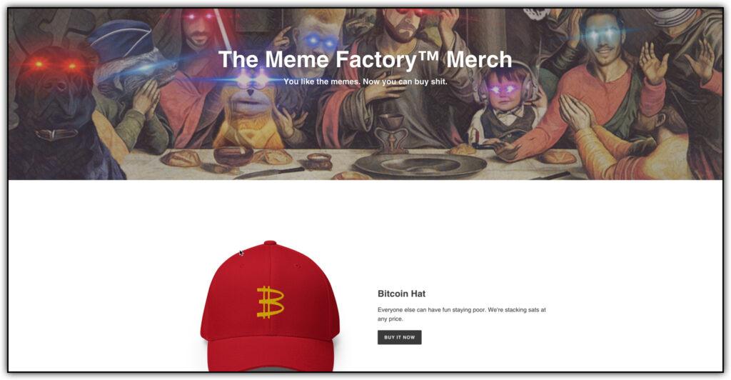 the meme factory main header featuring Twitter meme characters with laser eyes and McDonald 's hat