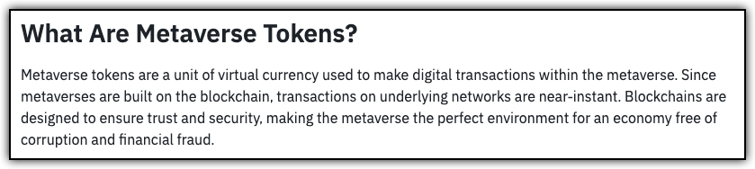 A screenshot highlighting the idea of Metaverse tokens and how they work via blockchains 