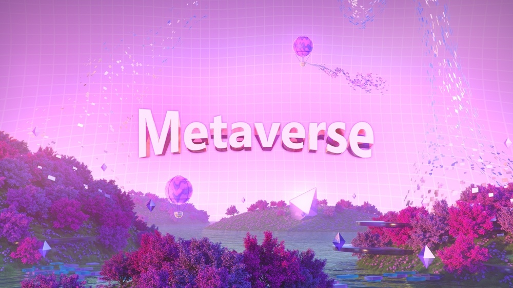 A purple illustration of the idea of the Metaverse, showing islands, purple trees, diamond shapes, and hot air balloons 