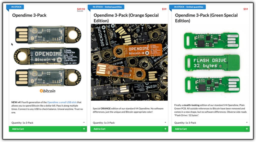 three styles of opendimes for sale from coinkite website (screenshot) 