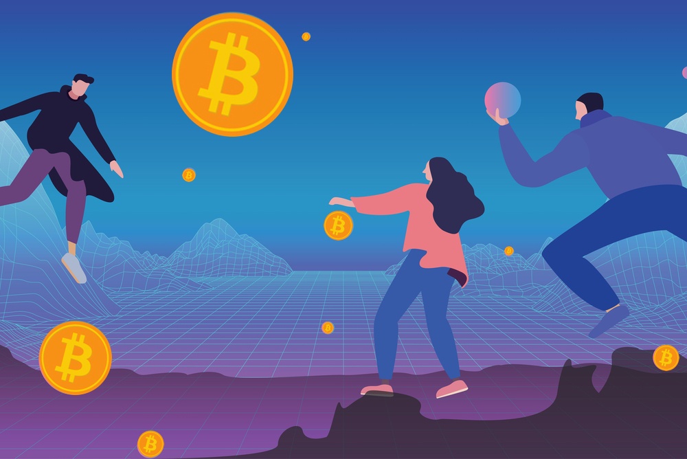 bitcoin vs the metaverse. A futuristic illustration of three people on a wire mesh planet scape, with bitcoins floating around 