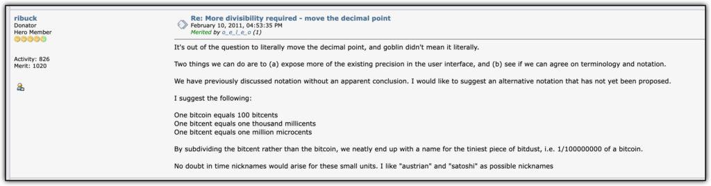 screenshot from bitcointalk.org with original  "satoshi" naming suggestion