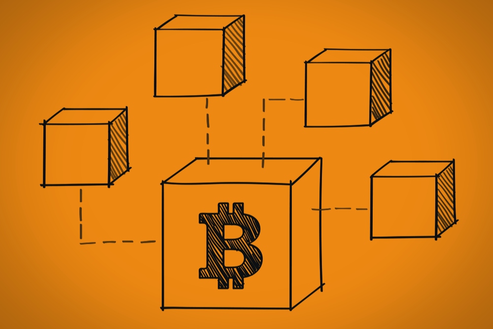 Boxes drawn in black pen on an orange background. One has the bitcoin symbol and dotted lines from the other boxes lead into that one.  