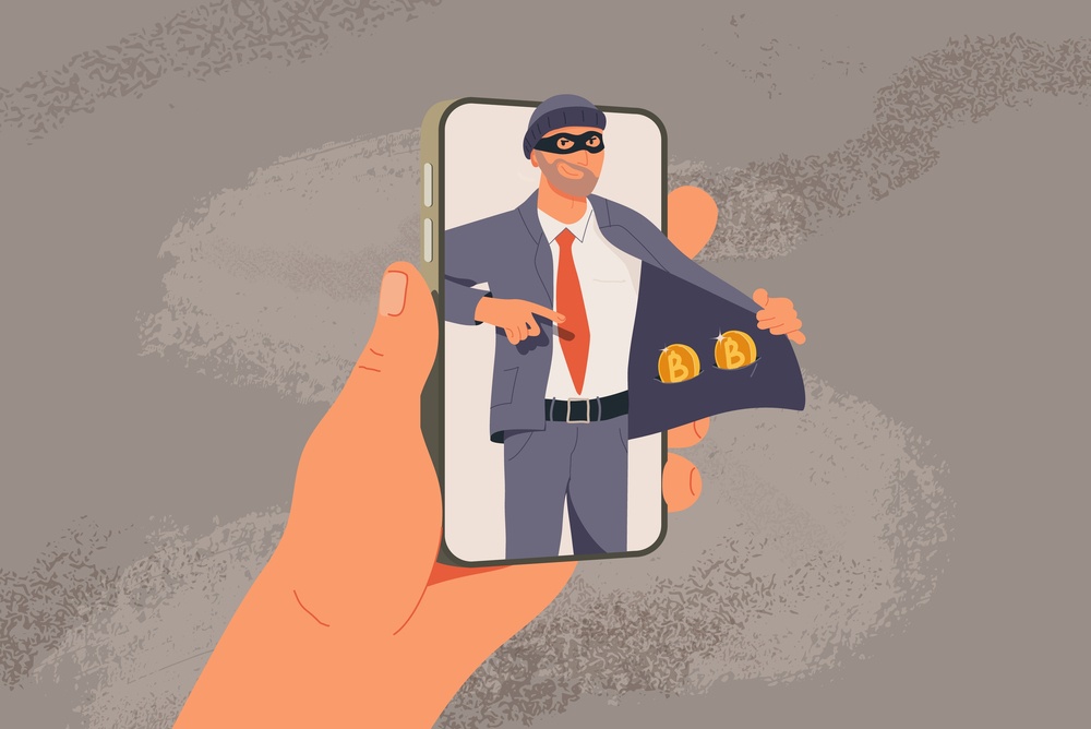 An illustration of someone holding up a phone, which has a cartoon of a robber with bitcoins in his pockets 